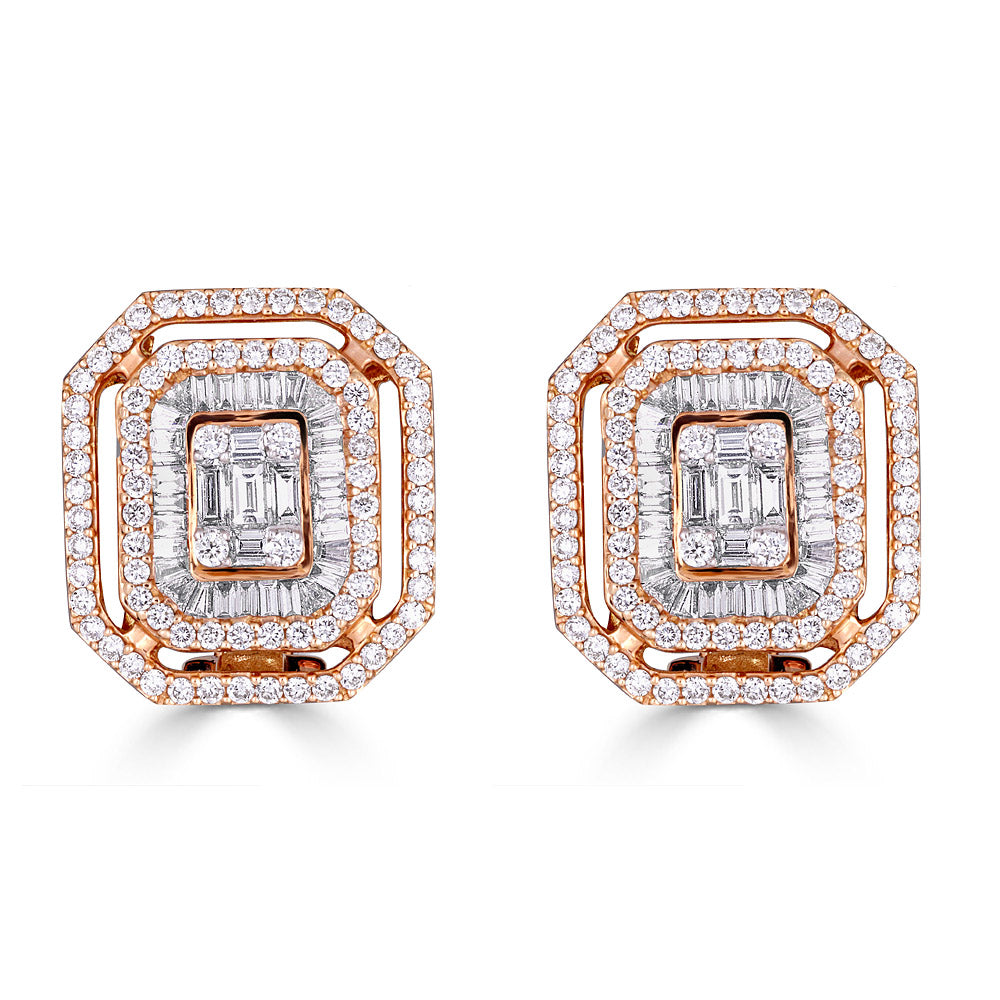 Rose Gold Octagonal Huggie Earrings w/ Round and Emerald Cut Diamonds Illusion Set