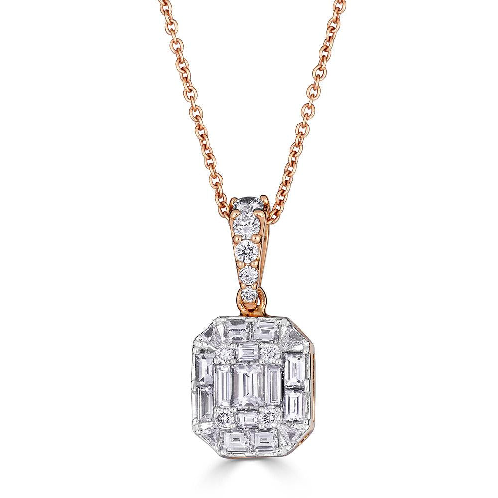 Rose Gold Pendant with Round and Emerald Cut Diamonds Illusion Set
