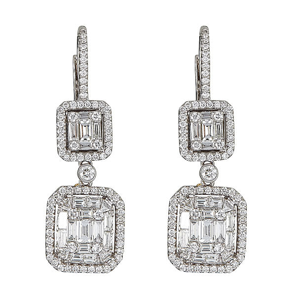 White Gold Dangle Earrings with Round and Emerald Cut Diamonds Illusion Set
