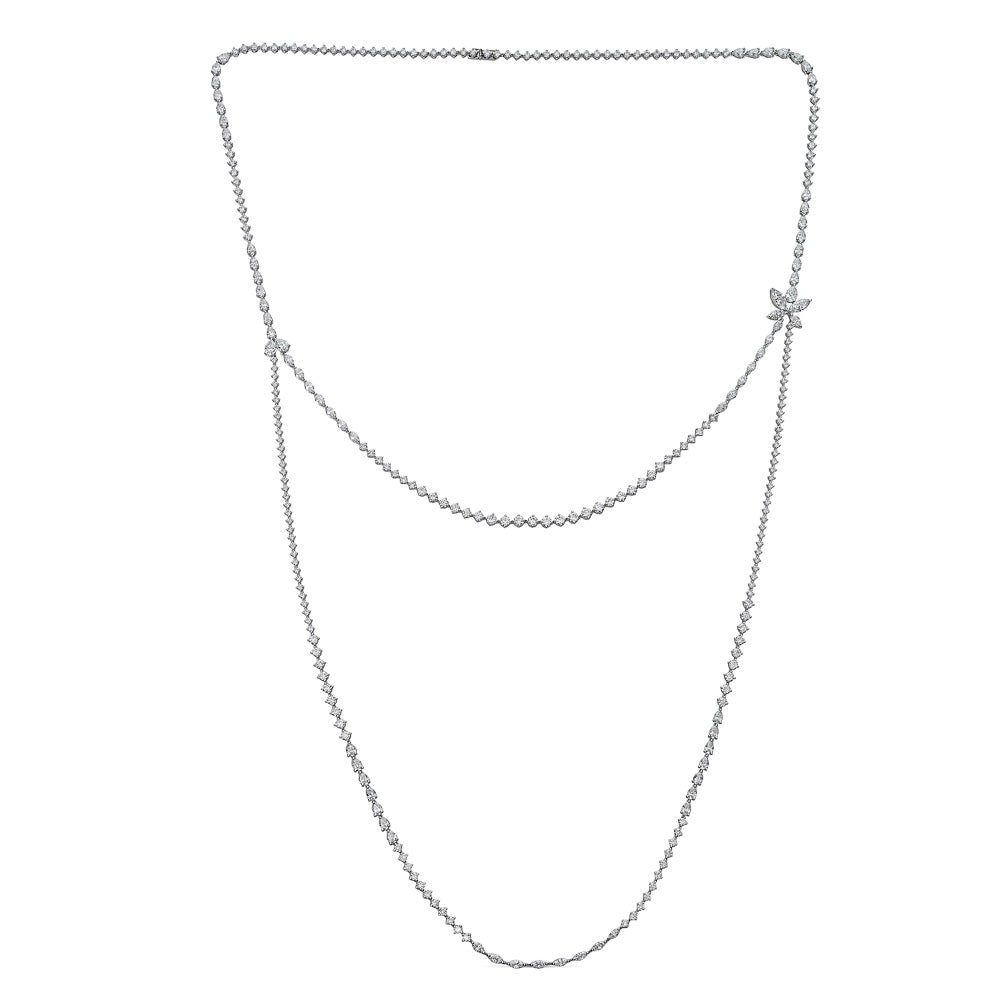 White Gold Long Double Necklace with Round and Fancy Cut Diamonds