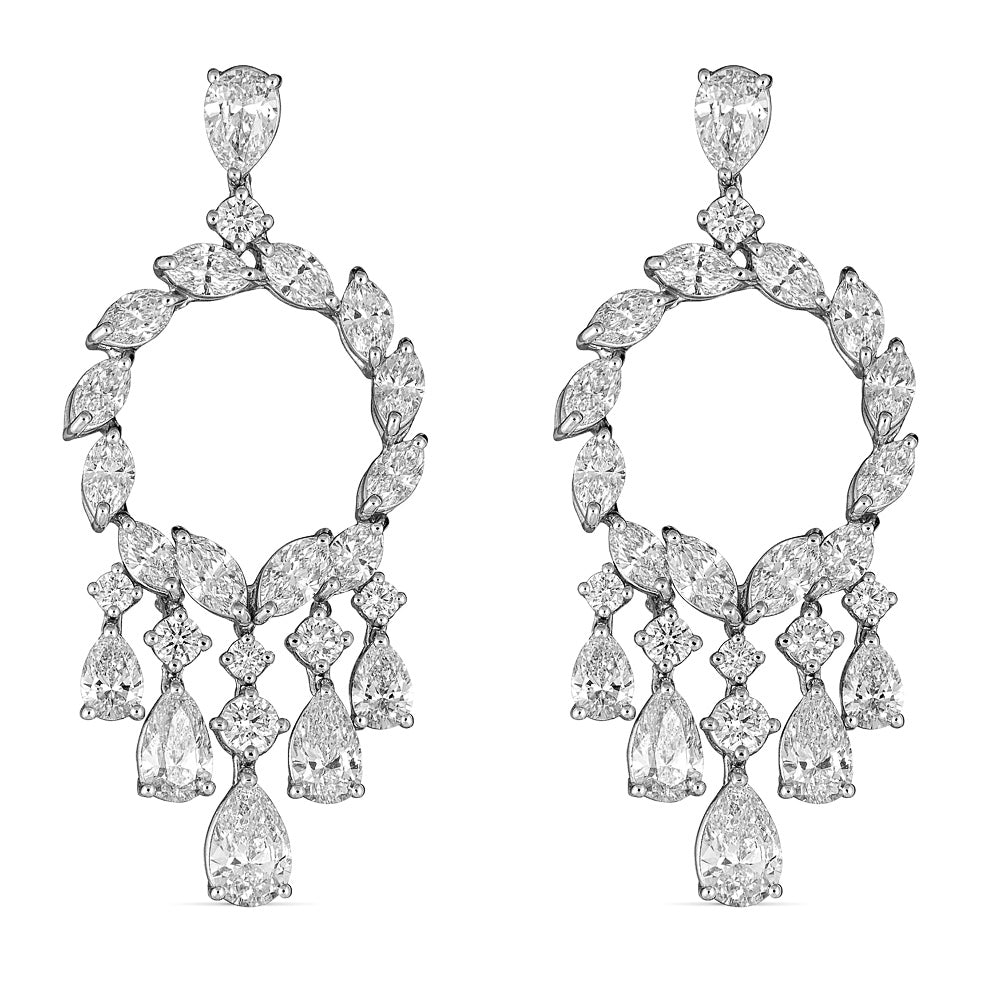 White Gold Dangle Drop Earrings with Round and Fancy Cut Diamonds