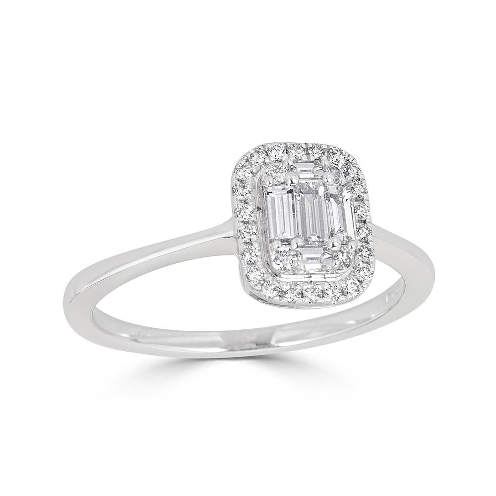 White Gold Ring with Round and Emerald Cut Diamonds Illusion Set