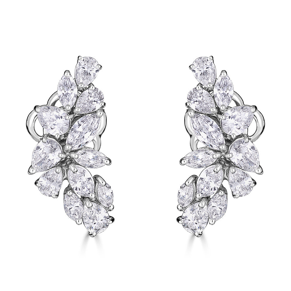 White Gold Huggie Cluster Earrings with Marquise and Pear Shape Diamonds