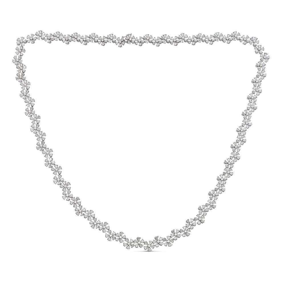 White Gold Long Floral Necklace with Round and Pear Shape Diamonds
