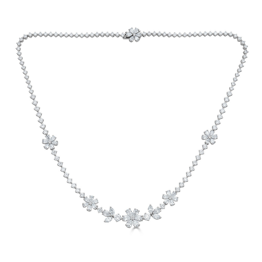 White Gold Floral Necklace with Round and Fancy Cut Diamonds