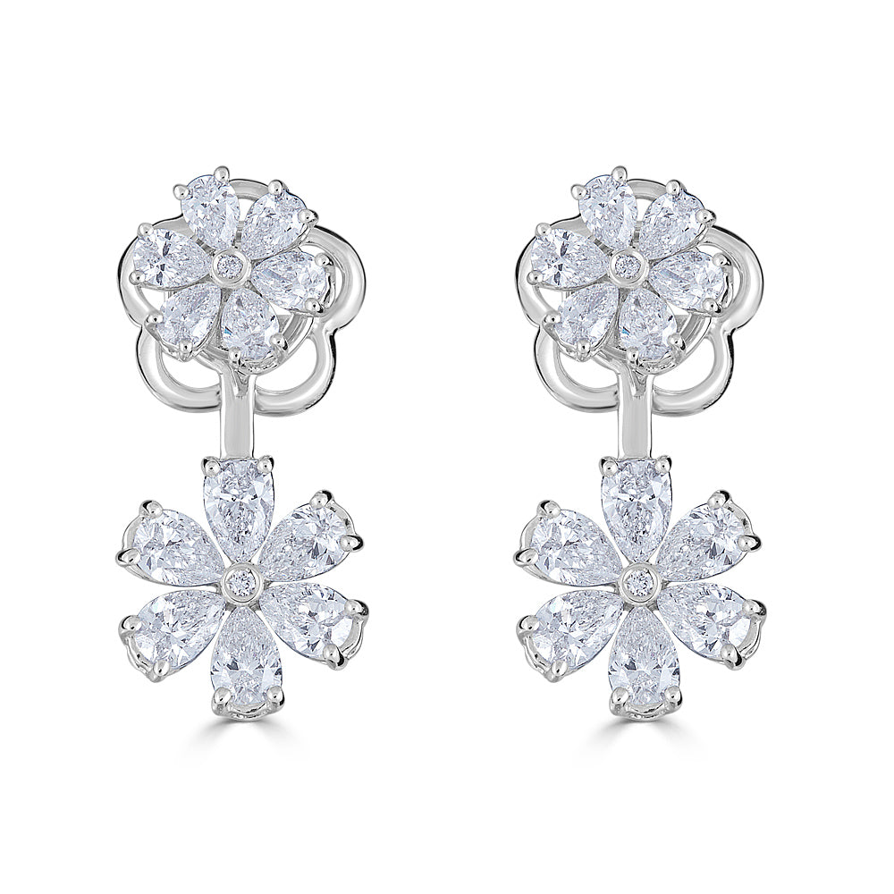 White Gold Floral Drop Earrings with Round and Pear Shape Diamonds