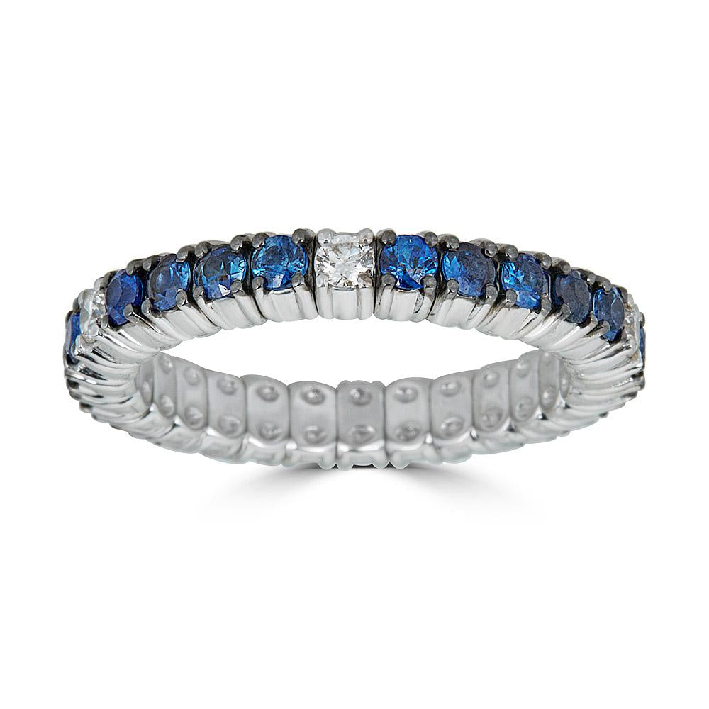 White Gold Stretch Ring with Diamonds and Blue Sapphires