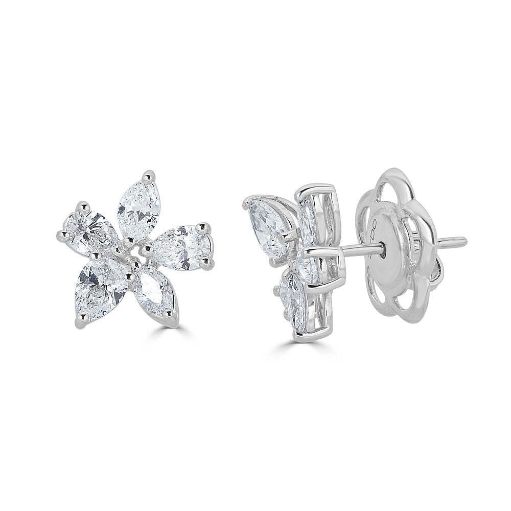 White Gold Flower Stud Earrings with Fancy Cut Diamonds