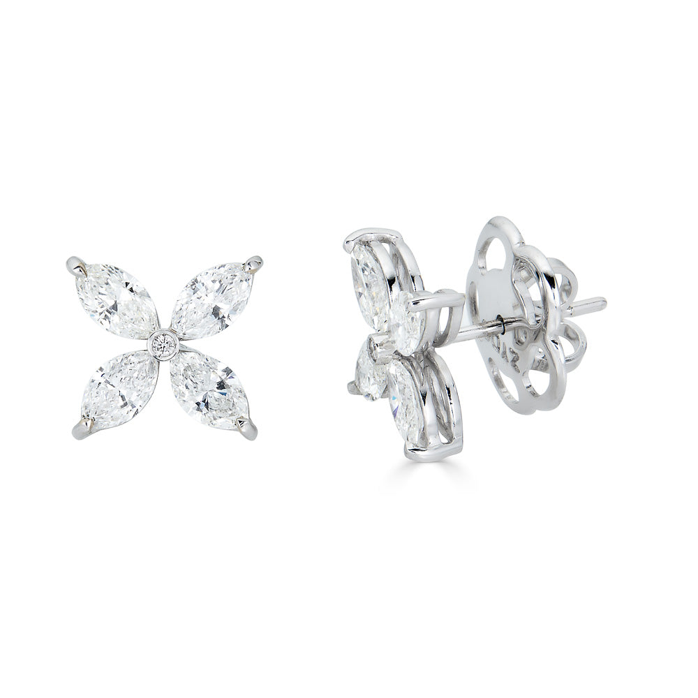 White Gold Flower Stud Earrings with Round and Marquise Diamonds