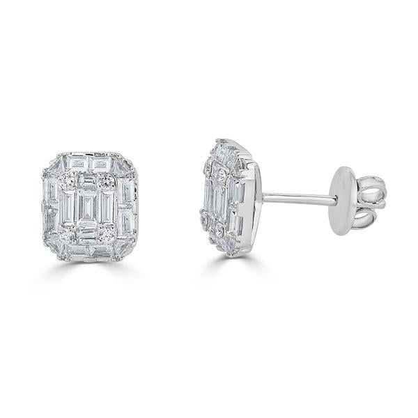 White Gold Octagonal Stud Earrings w/ Round and Emerald Cut Diamonds Illusion Set