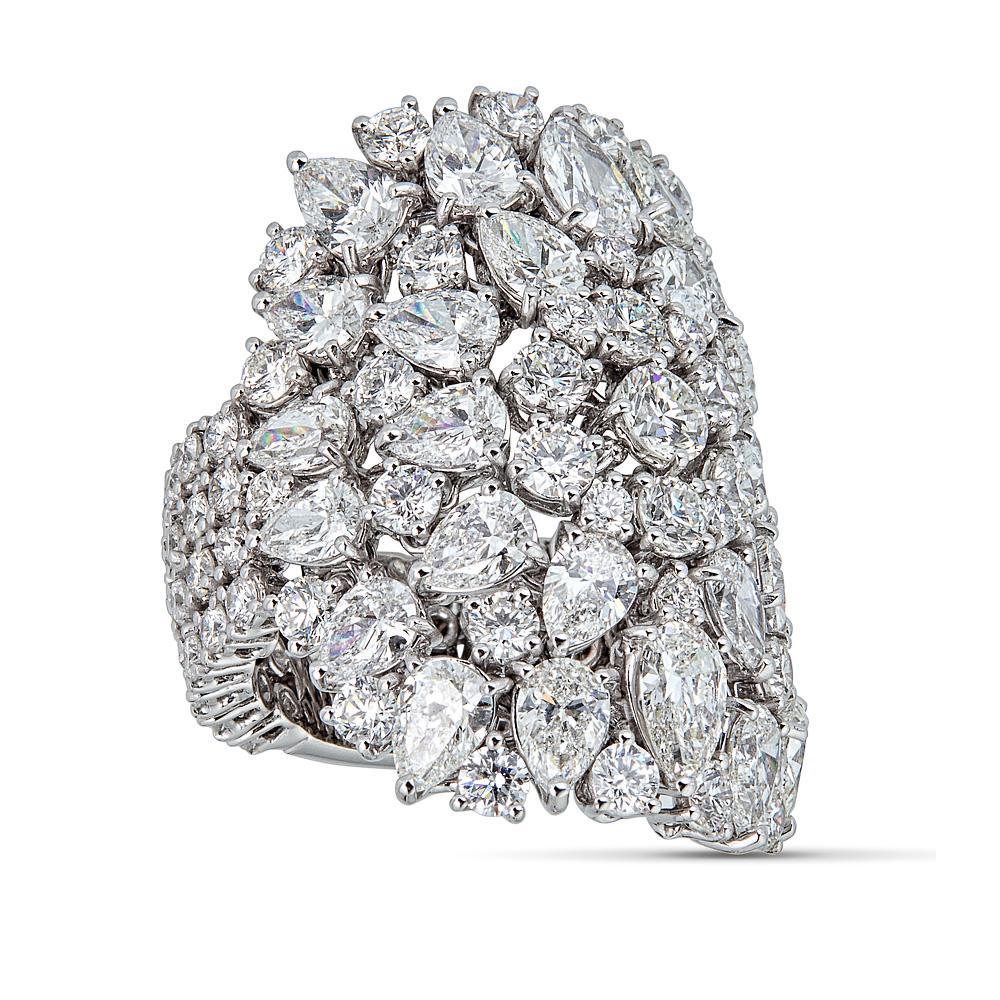 White Gold Flexible Cocktail Ring with Round and Pear Shape Diamonds