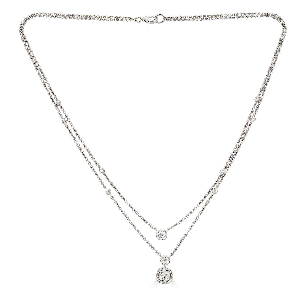 White Gold Double Chain Necklace with Round Diamonds Illusion Set