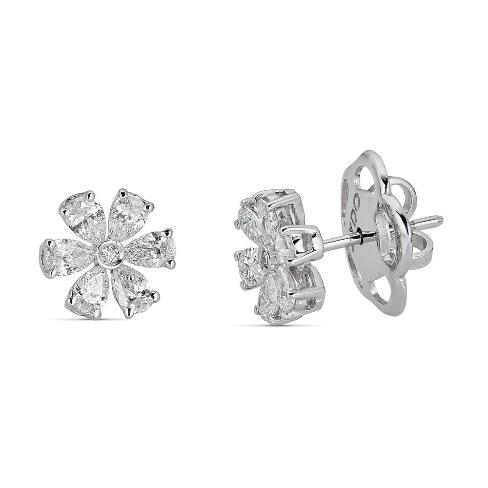 White Gold Flower Stud Earrings with Round and Pear Shape Diamonds