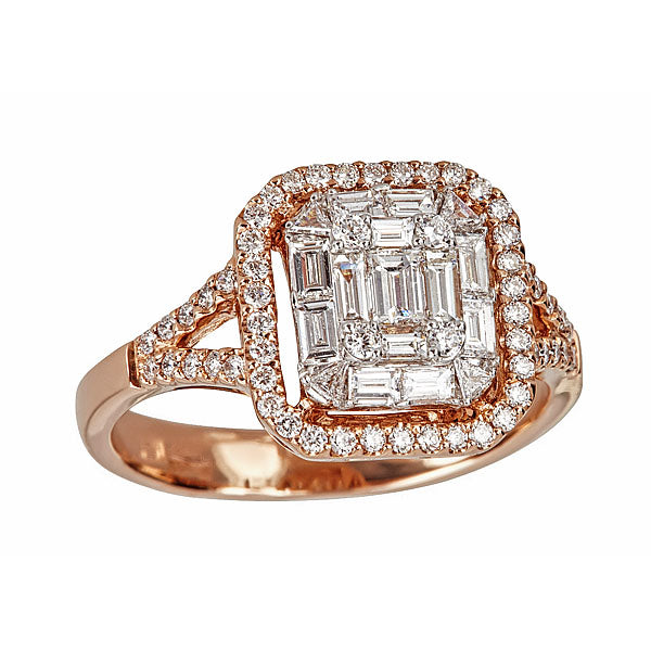 Rose Gold Ring with Round and Emerald Cut Diamonds Illusion Set-0