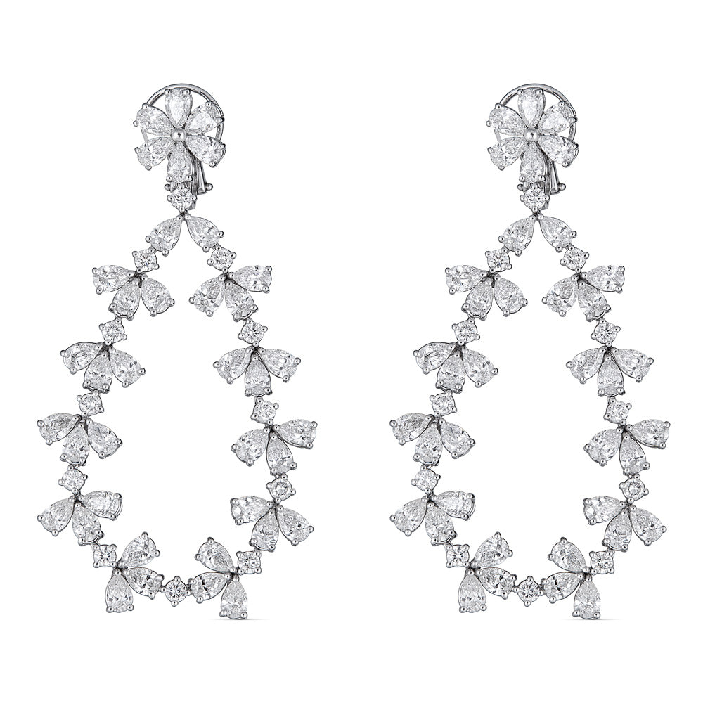 White Gold Dangle Drop Earrings with Round and Pear Shape Diamonds