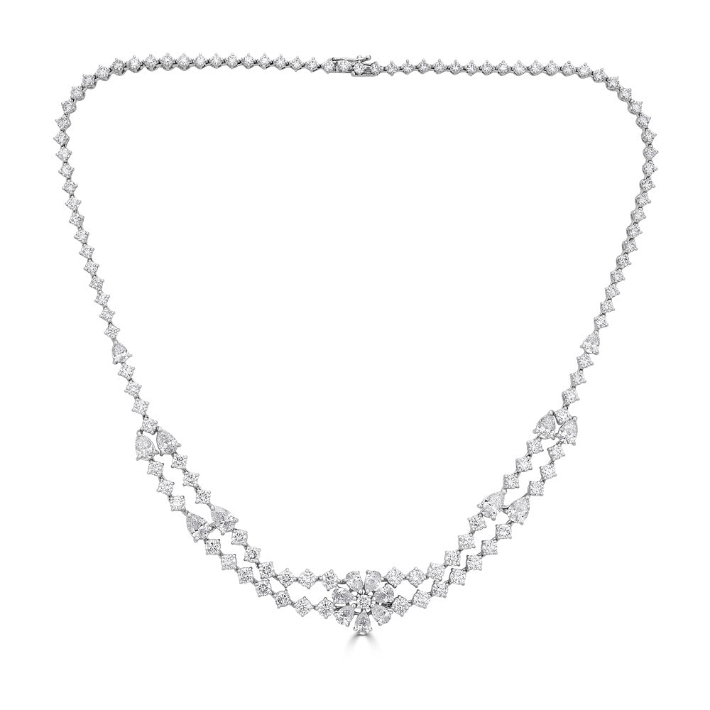 White Gold Floral Necklace with Round and Pear Shape Diamonds