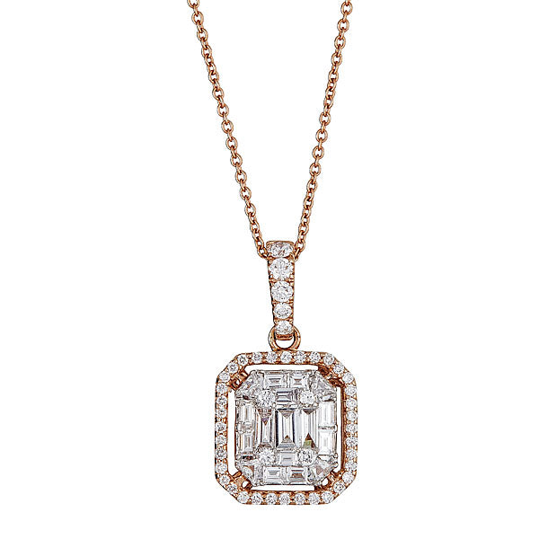 Rose Gold Pendant with Round and Emerald Cut Diamonds Illusion Set