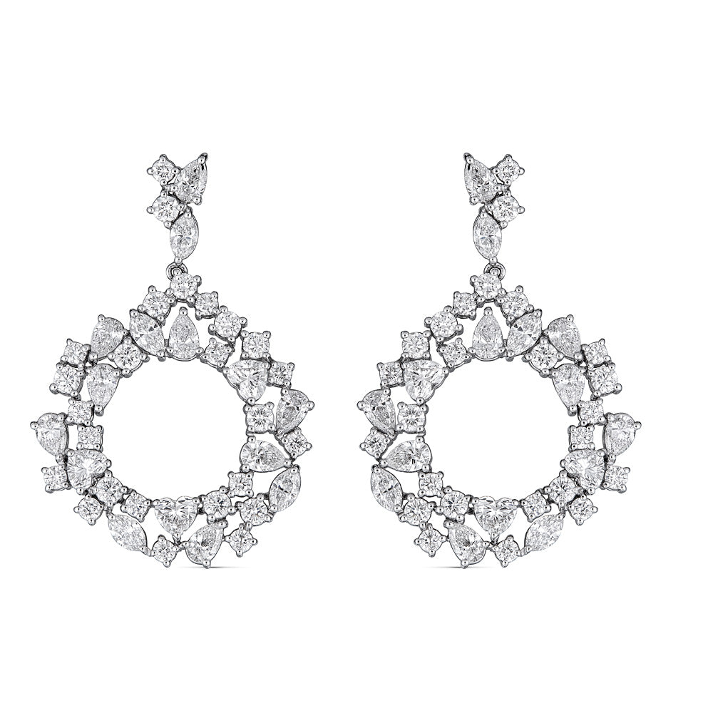 White Gold Dangle Drop Hoop Earrings with Round and Fancy Cut Diamonds