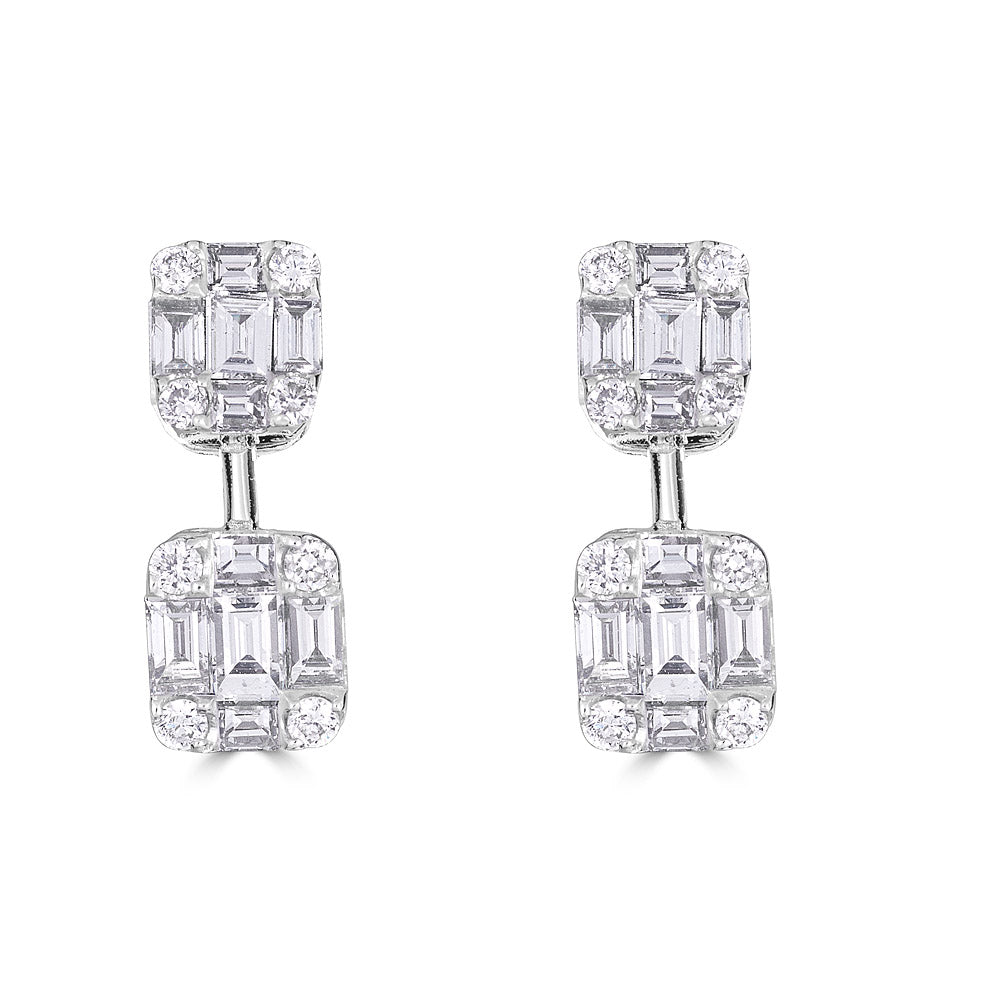White Gold Drop Earrings with Round and Emerald Cut Diamonds Illusion Set
