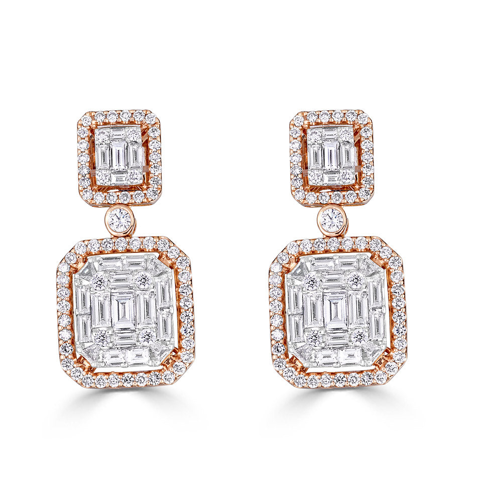 Rose Gold Octagonal Dangle Earrings w/ Round and Emerald Cut Diamonds Illusion Set