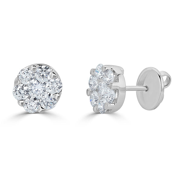 White Gold Round Rosette Stud Earrings with Diamonds Illusion Set