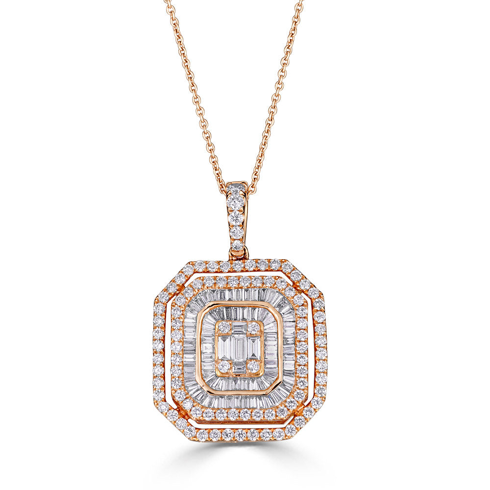 Rose Gold Pendant with Round and Emerald Cut Diamonds Illusion Set