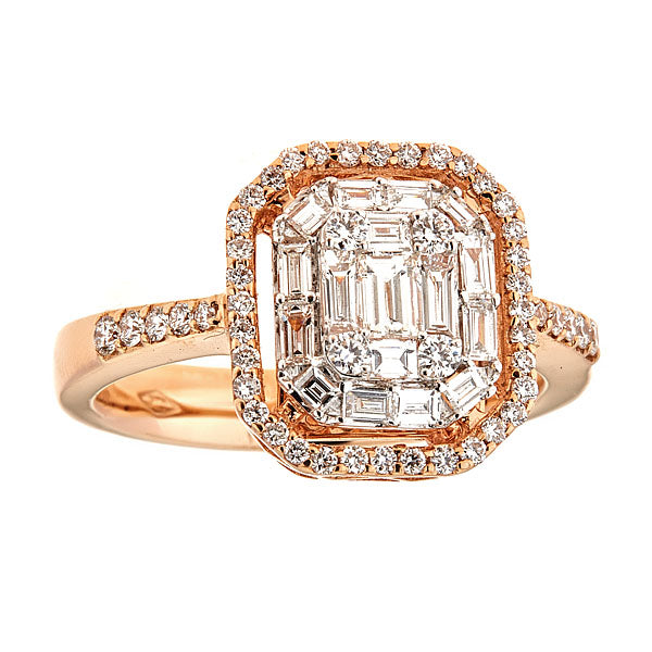 Rose Gold Octagonal Ring with Round and Emerald Cut Diamonds Illusion Set