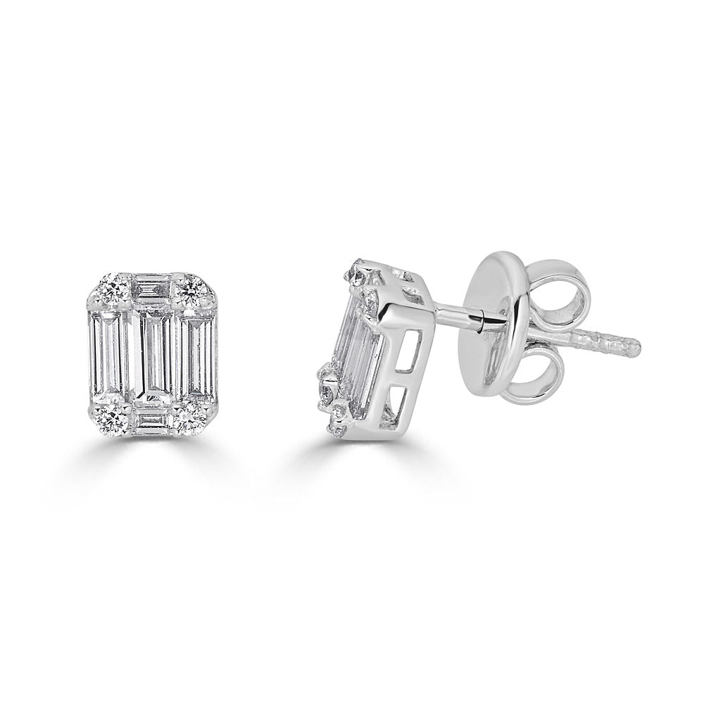 White Gold Octagonal Stud Earrings w/ Round and Emerald Cut Diamonds Illusion Set