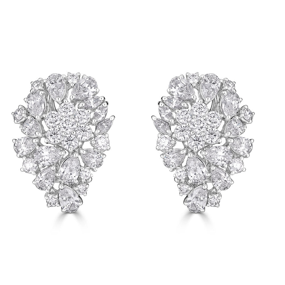 White Gold Huggie Flower Earrings with Round and Fancy Cut Diamonds
