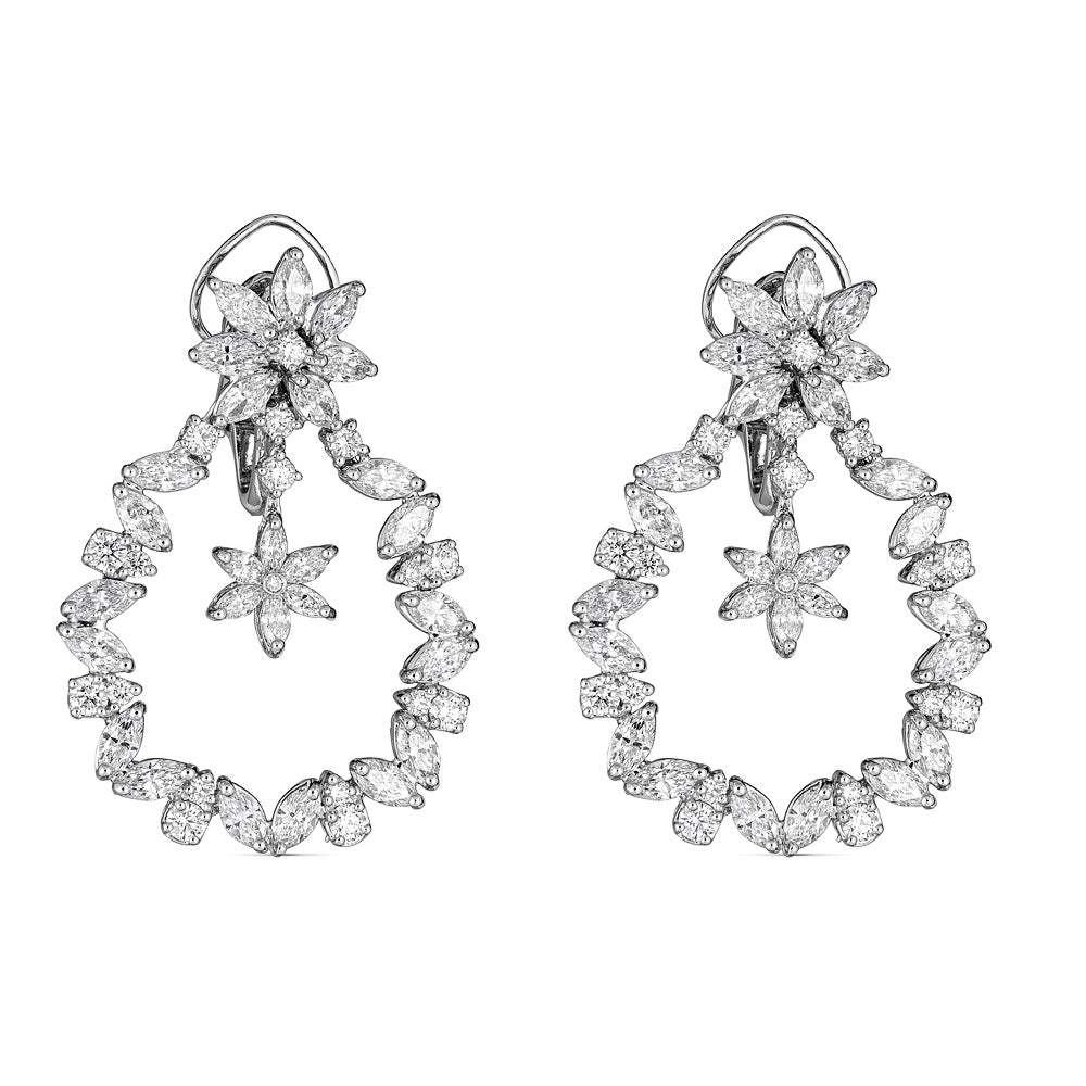 White Gold Drop Hoop Earrings with Round and Marquise Diamonds