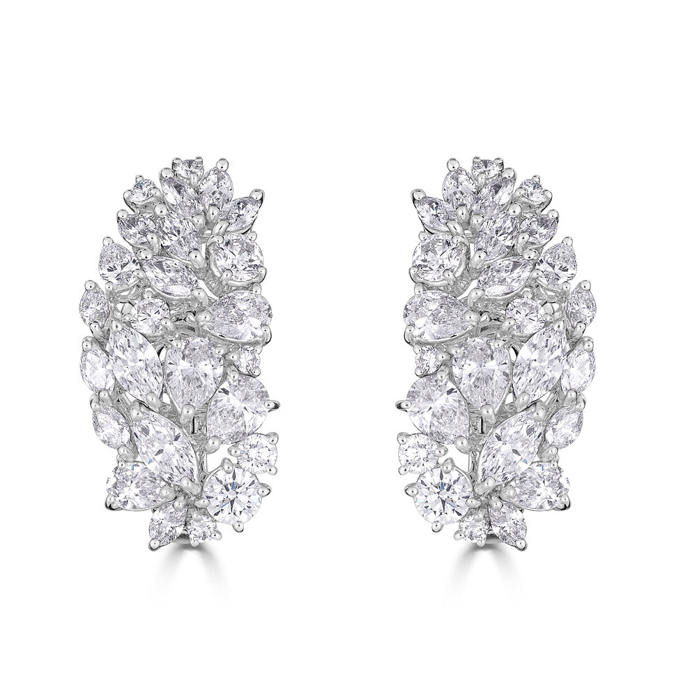 White Gold Huggie Cluster Earrings with Round and Fancy Cut Diamonds