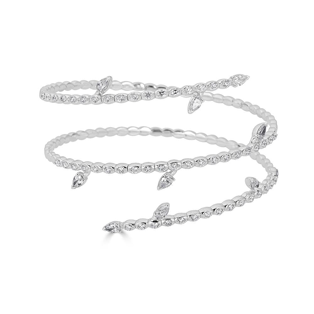White Gold Coil Bracelet with Round and Pear Shape Diamonds