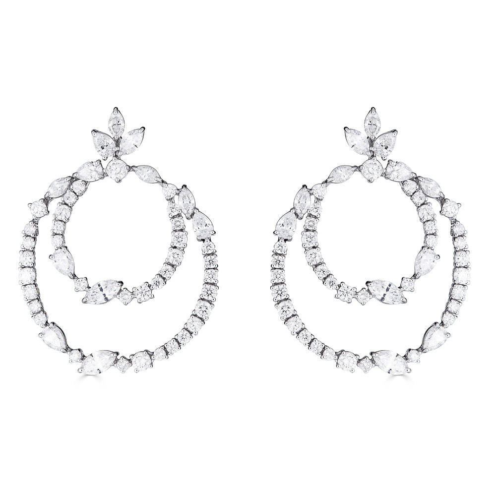 White Gold Drop Hoop Earrings with Round and Fancy Cut Diamonds