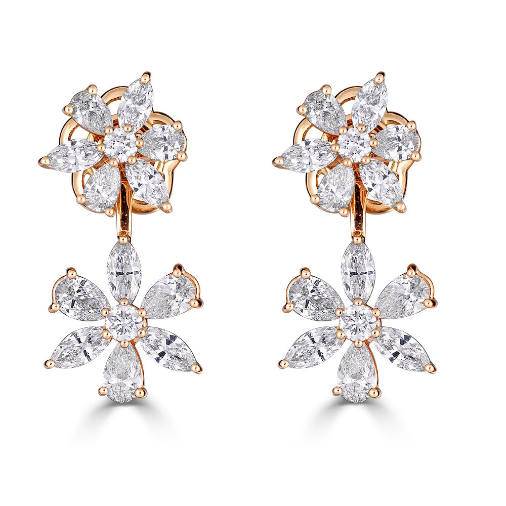 Rose Gold Floral Drop Earrings with Round and Fancy Cut Diamonds