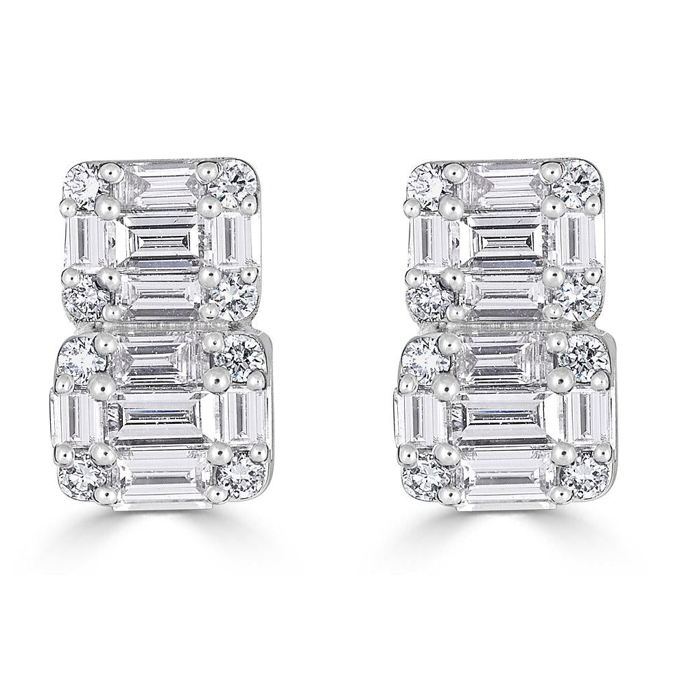 White Gold Huggie Earrings with Round and Emerald Cut Diamonds Illusion Set