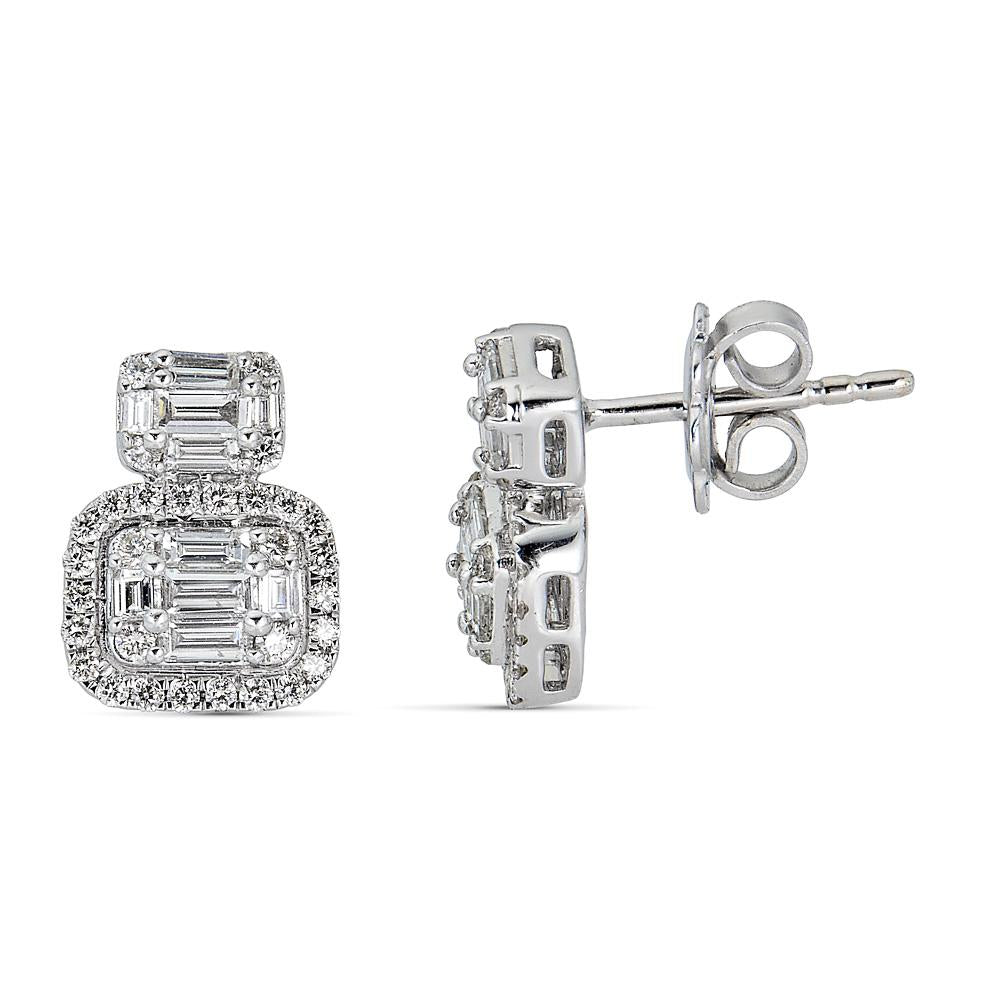 White Gold Stud Earrings with Round and Emerald Cut Diamonds Illusion Set
