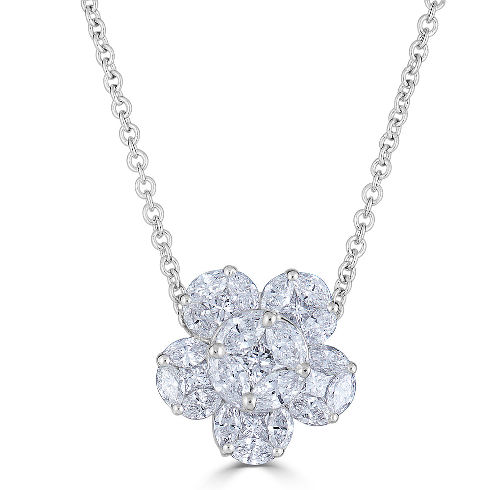 White Gold Flower Pendant with Fancy Cut Diamonds Illusion Set