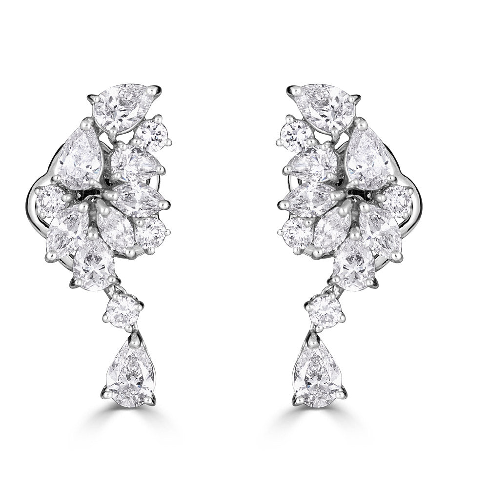 White Gold Drop Cluster Earrings with Round and Fancy Cut Diamonds