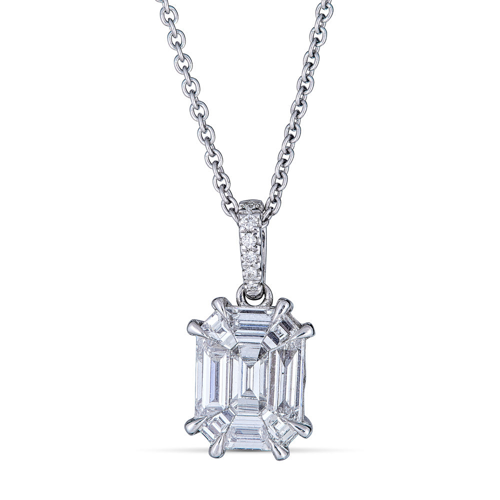 White Gold Pendant with Round and Emerald Cut Diamonds Illusion Set