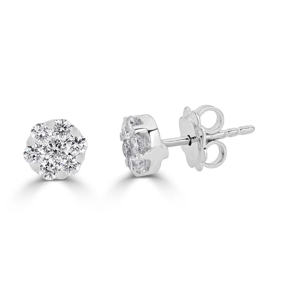 White Gold Round Rosette Stud Earrings with Diamonds Illusion Set