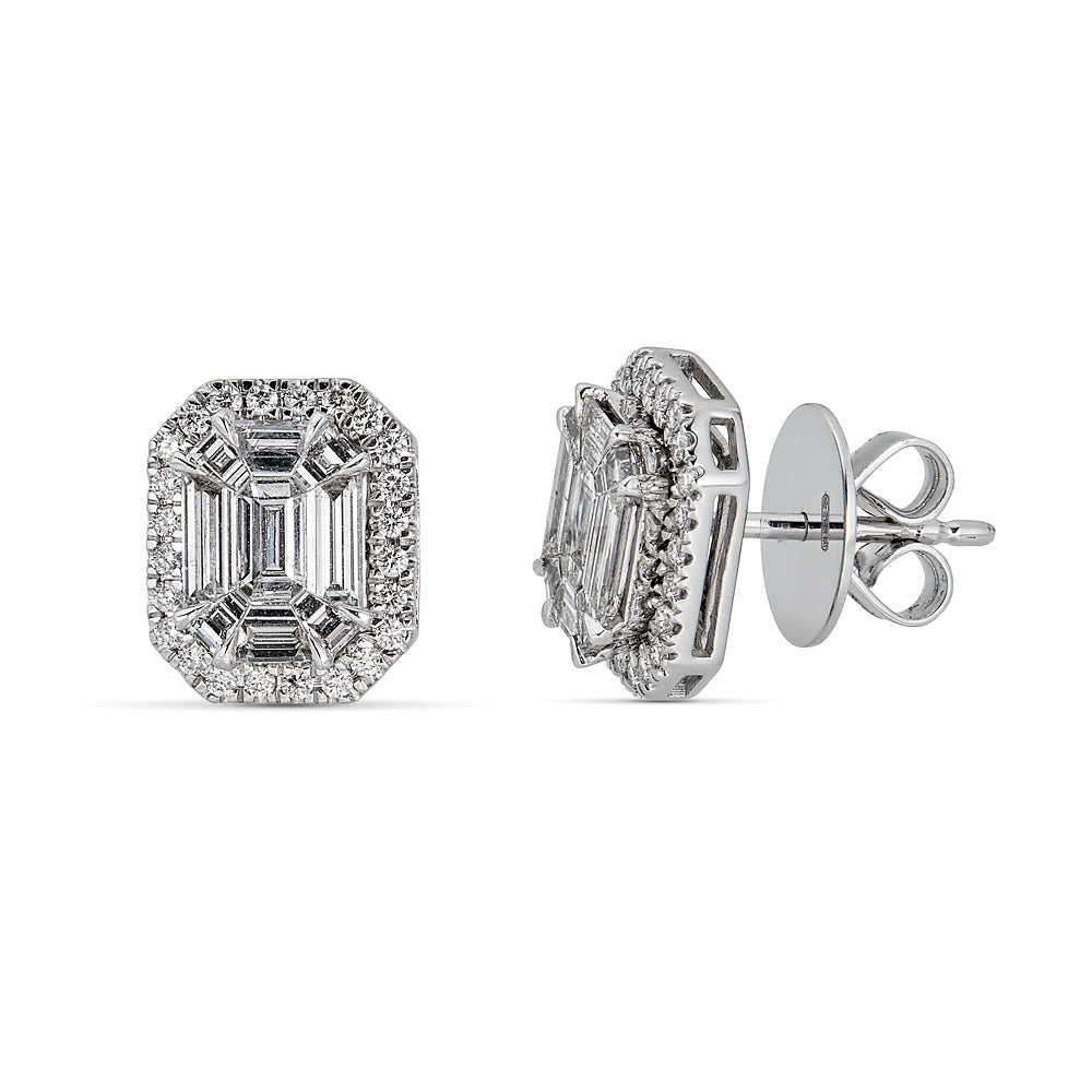 White Gold Stud Earrings with Round and Emerald Cut Diamonds Illusion Set
