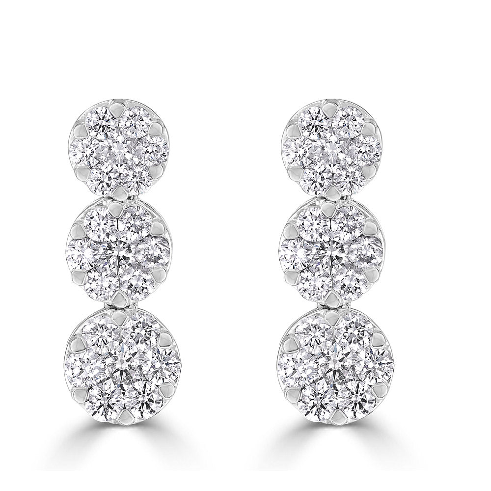 White Gold Round Graduating Rosette Drop Earrings with Diamonds Illusion Set