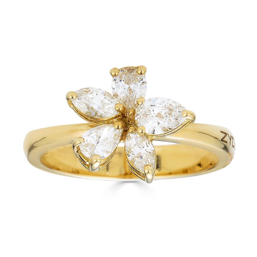 Yellow Gold Flower Ring with Fancy Cut Diamonds