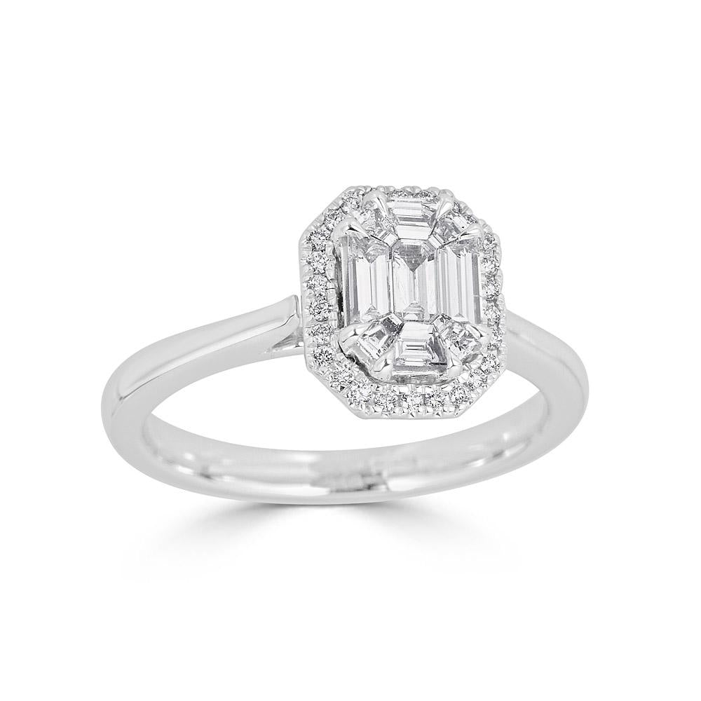 White Gold Octagonal Ring with Round and Emerald Cut Diamonds Illusion Set