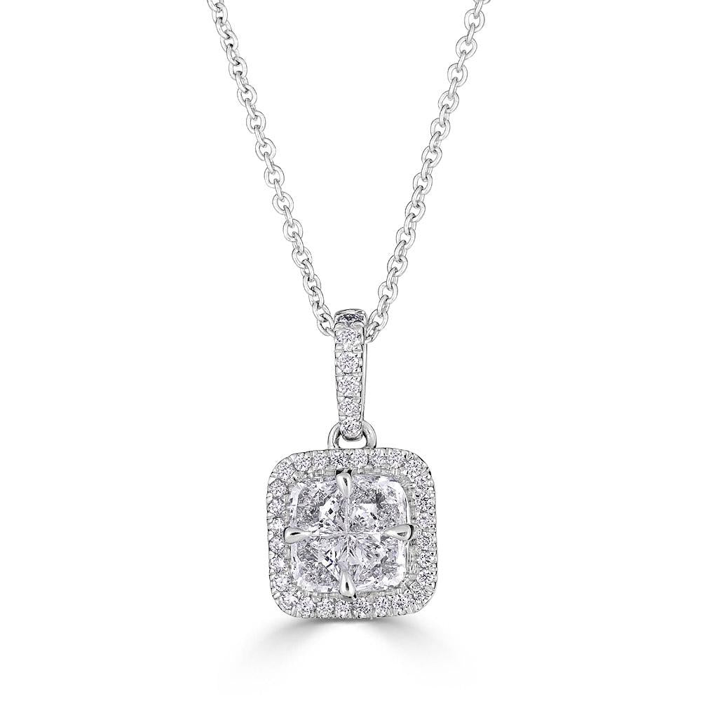 White Gold Pendant with Round and Emerald Cut Diamonds Illusion Set