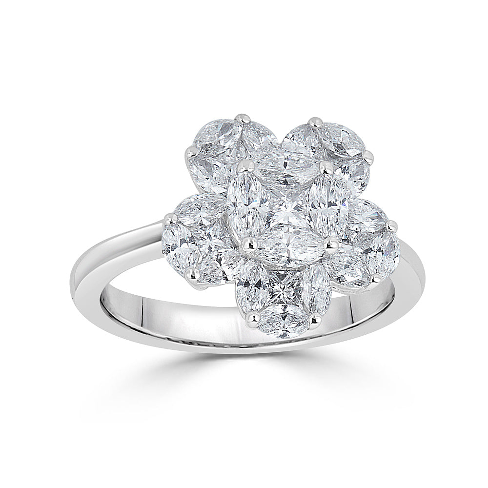 White Gold Flower Ring with Fancy Cut Diamonds Illusion Set