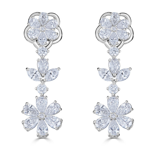 White Gold Floral Drop Earrings with Round and Fancy Cut Diamonds