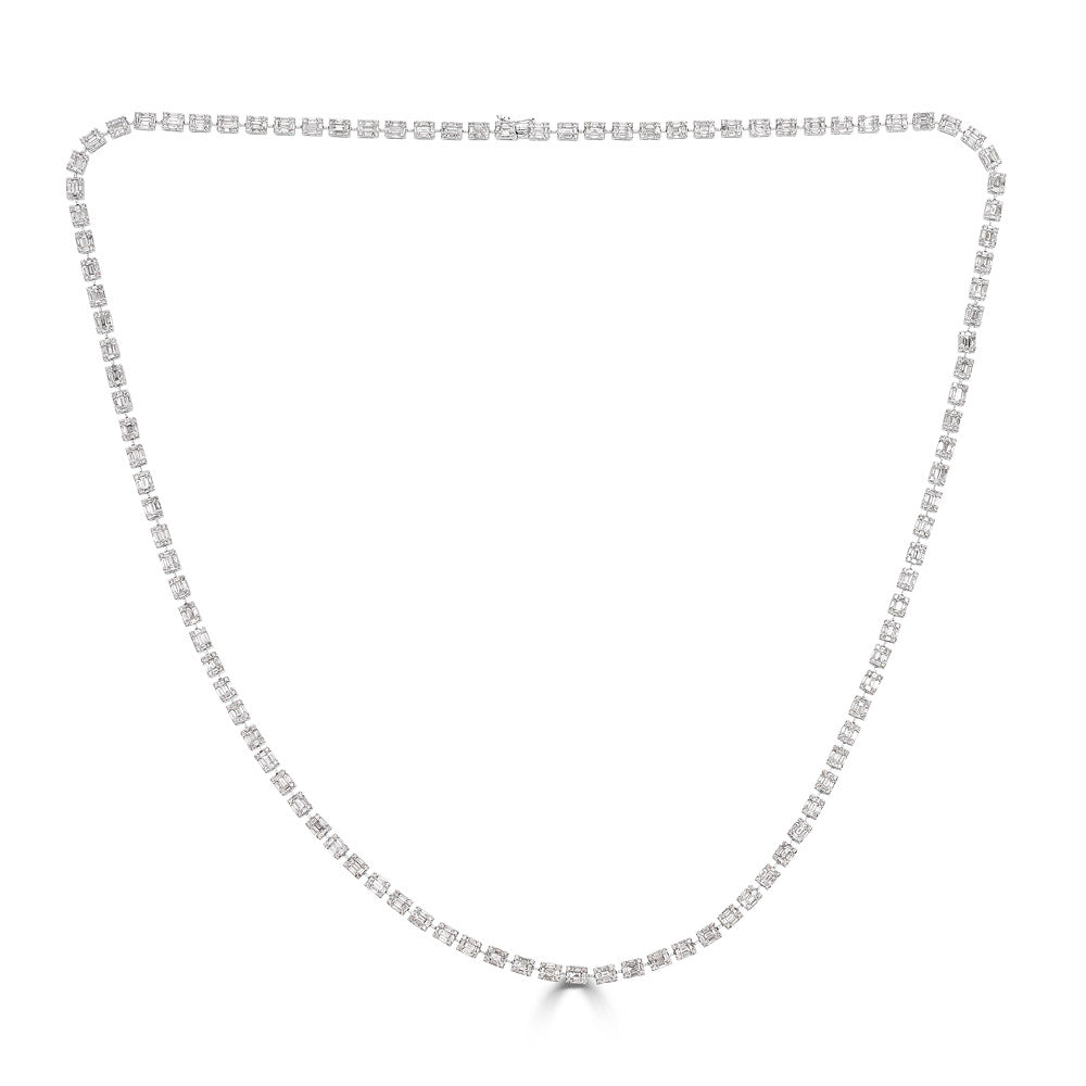 White Gold Extra Long Necklace with Round and Emerald Cut Diamonds Illusion Set