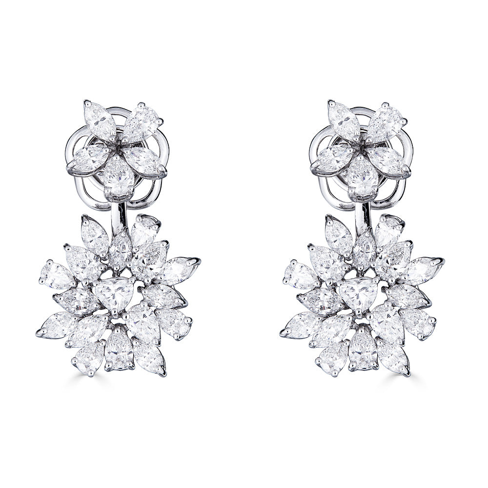 White Gold Drop Cluster Earrings with Fancy Cut Diamonds