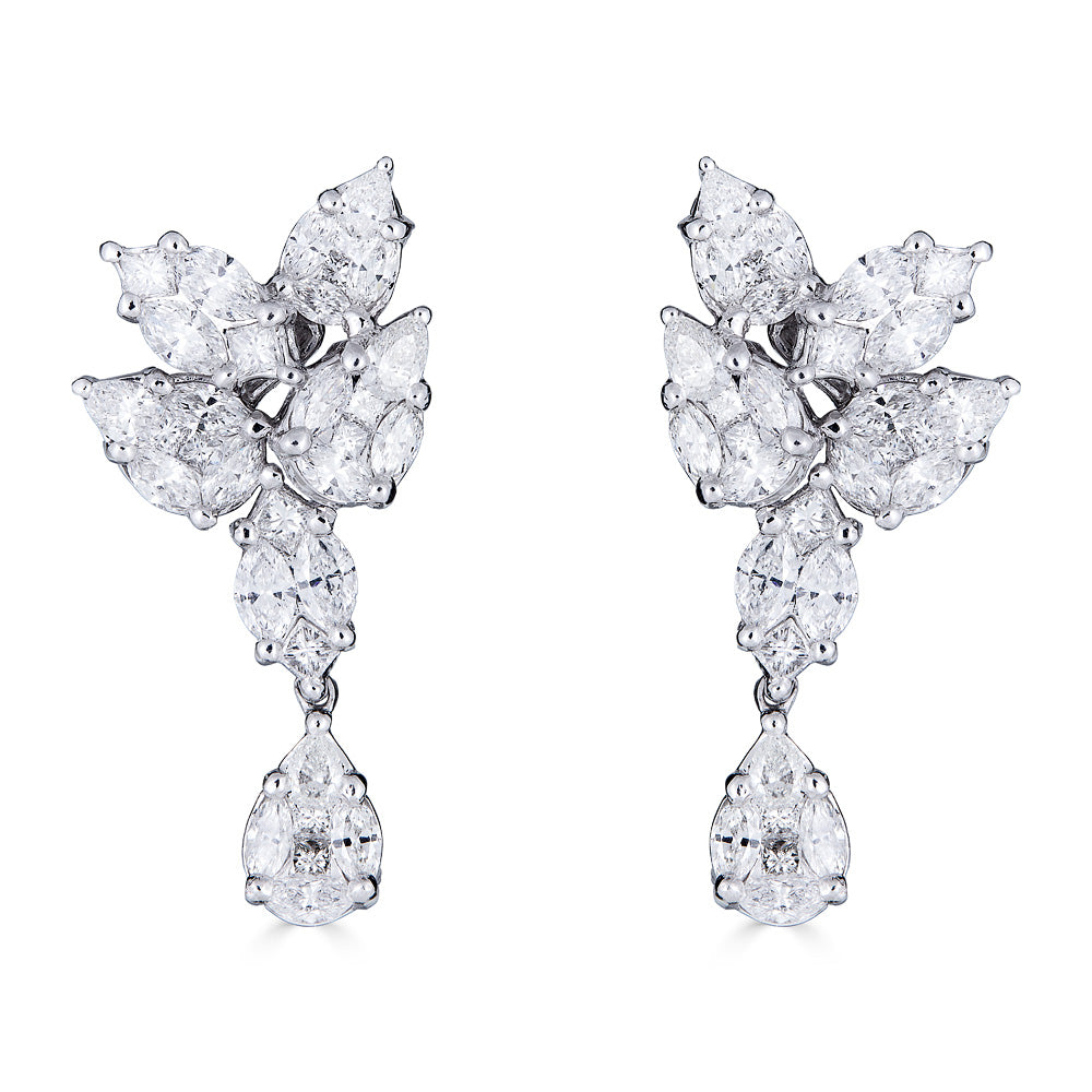 White Gold Stud Drop Earrings with Fancy Cut Diamonds Illusion Set